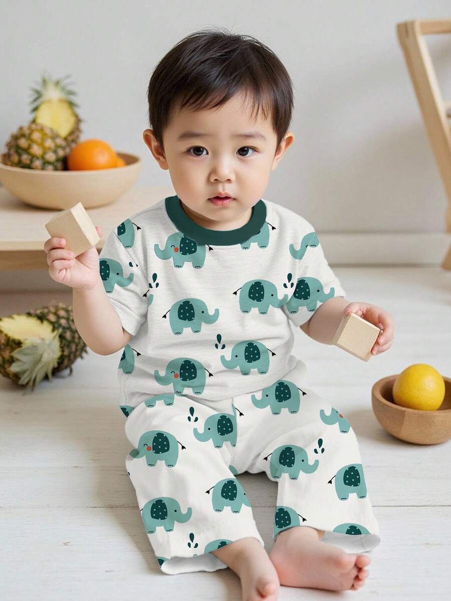 男婴卡通图案休闲家居服套装，宽松版型，适合夏季穿着 - 彩色 - 查看 1
