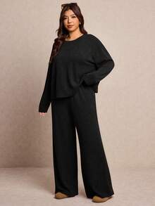 Elaquor Plus Size Women 2 Pieces Set, Solid Color Batwing Sleeve Top And Pants - Black - View 4