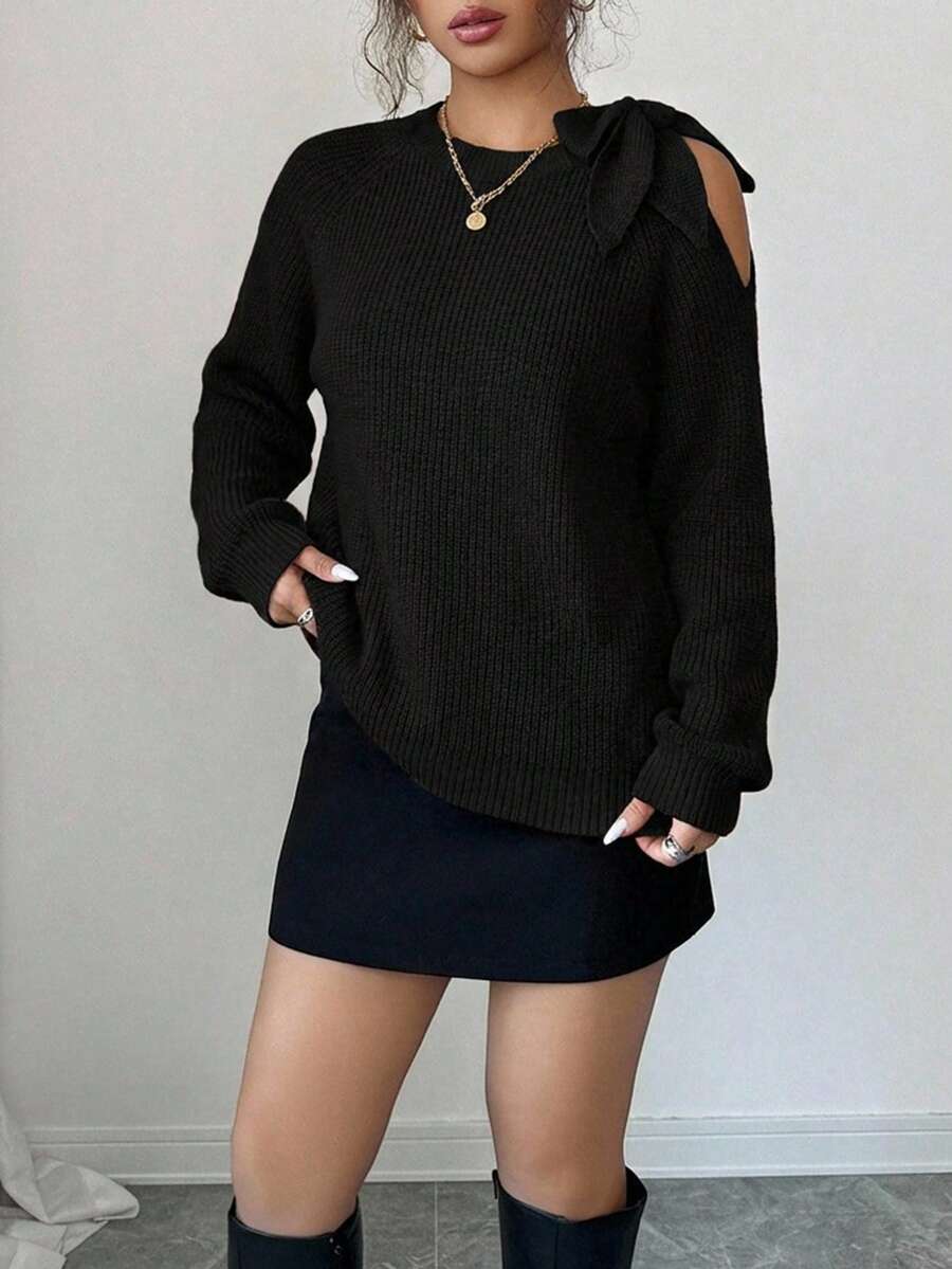 Suéter holgado de punto de unicolor con mangas raglán y lazos en los hombros, para otoño/invierno - Negro - Ver 1