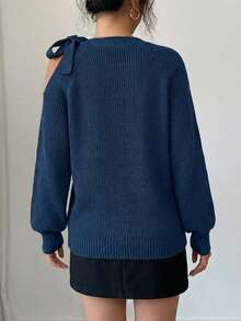 Casual Solid Color Shoulder Tie Raglan Sleeve Loose Knit Sweater, Autumn/Winter - Dusty Blue - View 2