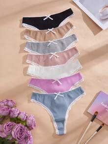 NudeFit 7pcs Women's Assorted Color Comfortable Ribbed Lace Trim Thong Panties Set,High Waist Cotton Wedding Underwear Pack,Multicolor,Summer,Cute - Multicolor - View 6