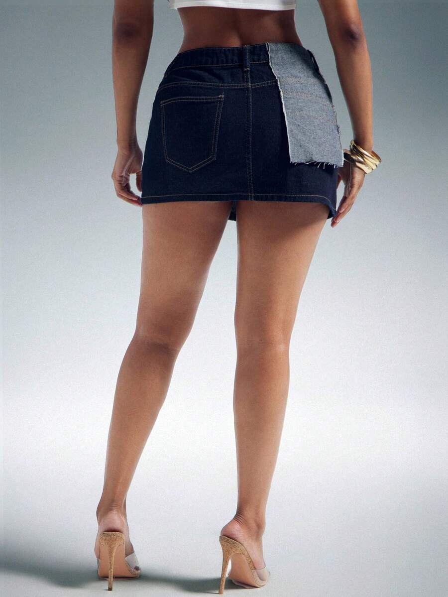 Denimoi Flap Distressed Pocket Denim Mini Skirt Fashionable Streetwear Statement Denim Concert - Dark Wash - View 1