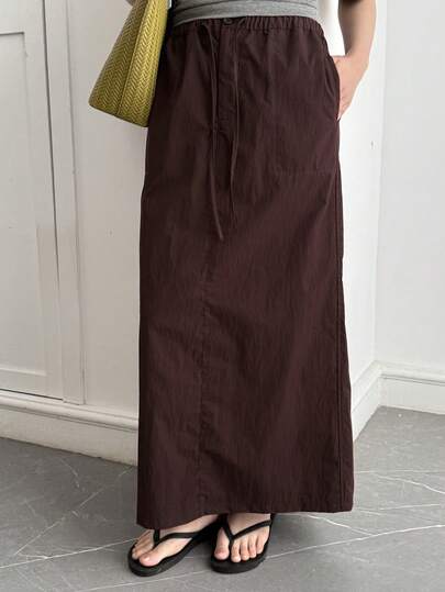 DAZY 女士纯色抽绳腰带口袋长款直筒休闲裙