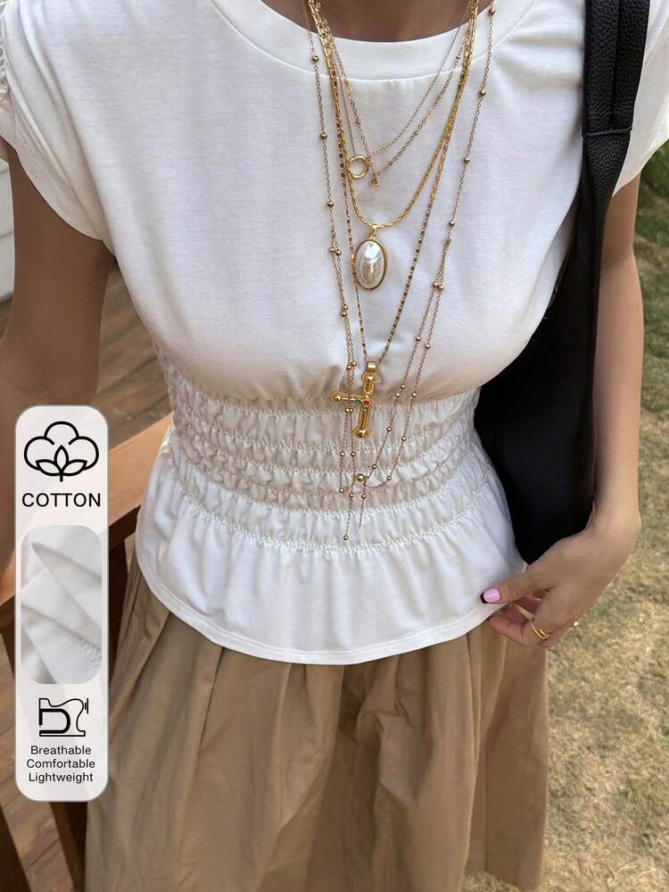 White Round Neck Short Sleeve Cotton Waist Fitted Women T-Shirt, Summer