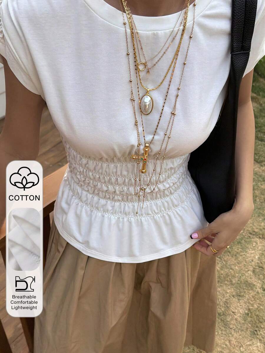 DAZY White Round Neck Short Sleeve Cotton Waist Fitted Women T-Shirt, Summer - White - View 1