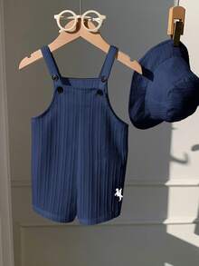 SHEIN Bộ áo liền quần màu trắng đa năng cho bé sơ sinh trai/gái, gồm quần yếm và mũ chống nắng, thích hợp mặc ở nhà hoặc ngoài trời vào mùa xuân/hè. - Màu xanh hải quân - Xem 8