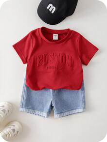 SHEIN 2pcs Baby Boy Summer Casual Letter Print T-Shirt And Light Blue   Shorts Set - Red - View 3