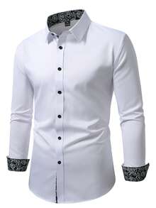 Manfinity Mode Áo sơ mi nam dài tay cài cúc phía trước, họa tiết hoa phối nhiều mảnh, phong cách thường ngày, thích hợp cho mùa thu. - trắng - Xem 3