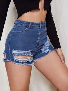 Jeanoix Fashionable Summer Frayed Ripped Casual Versatile Denim Shorts - Medium Wash - View 4