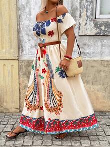 Breezaya Plus Size Women's Elegant Floral Off-Shoulder Cinched Waist Maxi Dress,Ruffle Sleeve Beige Summer Boho Vacation Holiday Party Daily Dress - Multicolor - View 3