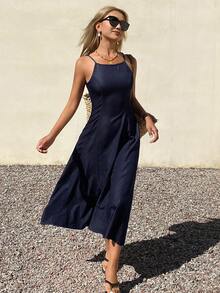 DAZY Đầm hai dây denim màu xanh hải quân cổ điển, kiểu Pháp ôm sát tôn dáng, dáng xòe dài cho nữ mùa hè. - Màu xanh lam - Xem 1