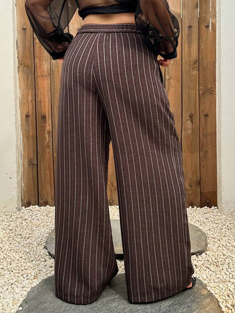 Dazy Plus Plus Size Pleated Drawstring Pocket Straight Loose Casual Versatile Striped Pants