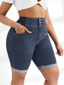 Slaydiva Plus Size Denim Baggy Elastic Waist Shorts, Fashionable For Autumn - Dark Wash - View 4