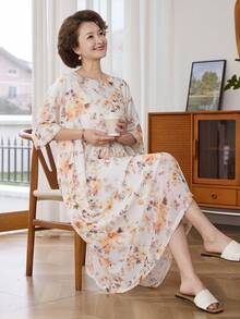 Vivie Lora 女士宽松圆领中长款印花连衣裙，波西米亚风 - 黃色 - 查看 1