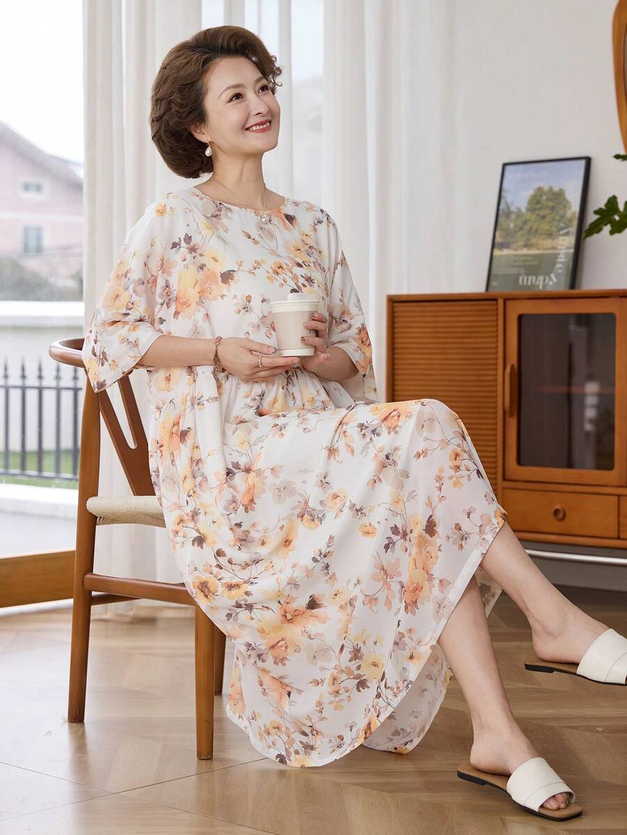 Vivie Lora 女士宽松圆领中长款印花连衣裙，波西米亚风 - 黃色 - 查看 1