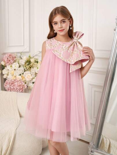 Pitira Tween Girls Partywear Elegant Sweet Pink Textured Mesh Patchwork Pearl Decor A-Line Dress, Doll Dress, Suitable For Formal Occasions, Parties, Birthdays, Girls' Daily Wear, Festivals, Family Gatherings And Special Events, Sister Matching, Cute Elegant Retro Fashion, Suitable For Back To School Season, Elegant Parties, Dates, Commute, Suitable For Weddings, Birthday Parties, Balls, Bridesmaid Dresses, Formal Evening Gowns, Graduation Ceremonies, Flower Girl