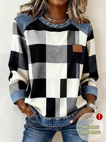 EMERY ROSE Women's Crew Neck Long Sleeve Patch Casual T-Shirt