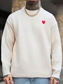 Devon Thys 休闲宽松圆领毛衣，慵懒时尚套头衫，饰有刺绣爱心图案，适合春、秋、冬穿着，男女皆宜 - 杏色 - 查看 3