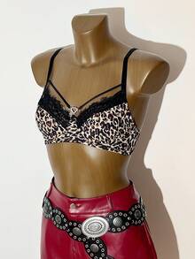1pc Women's Underwire Bra With Leopard Print Lace Patchwork, Thin Cup - Multicolor - View 3