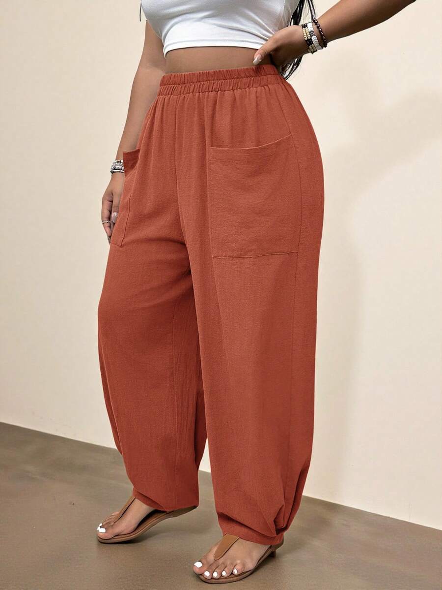 Freevana Plus Size Casual Pocket Hem Pants - Rust Brown - View 1