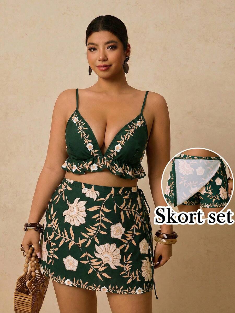 Travachic Bộ đồ hè cỡ lớn dành cho nữ, gồm quần short in hoa, áo hai dây viền bèo nhún và chân váy xếp ly. - Màu xanh lá cây đậm - Xem 1