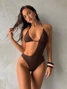 Aloruh 女士新款棕色连体泳衣，立体剪裁设计，饰以金属珠饰，连体泳装，沙滩装，度假装 - 棕色 - 查看 3