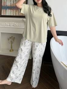 Dazy Plus 2pcs Spring/Summer Homewear Set, Loose Solid Color T-Shirt Top & Floral Line Drawing Print Pajama Pants Sleepwear Suit - Green - View 8