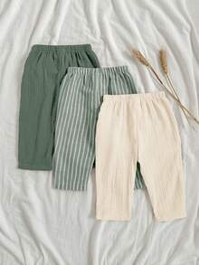 Loomiva 3pcs Baby Boys/Girls Elastic Waist Pants Set With Decorative Ribbon, Versatile & Comfortable For Outings, Street Style, Home, Party,Kids - Multicolor - View 5