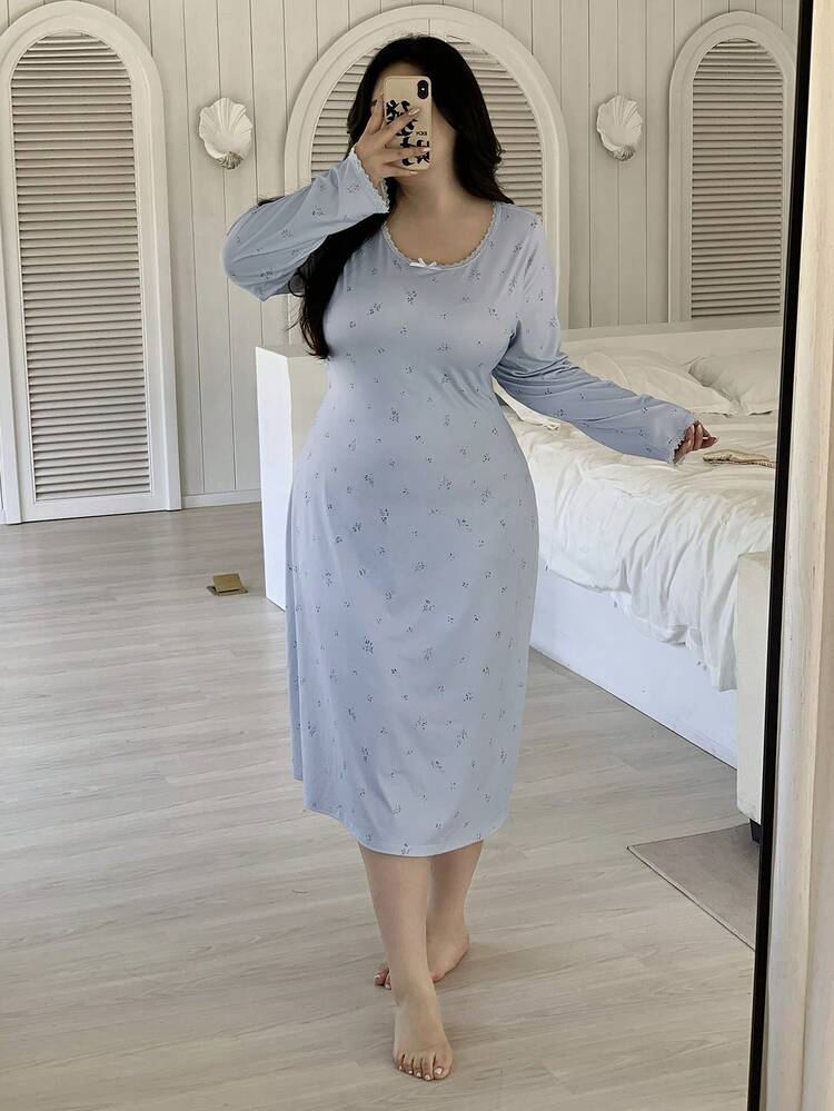 Dazy Plus Ditsy Floral Contrast Lace Trim Fitted Long Sleeve Nightgown, Elegant Long Sleepwear