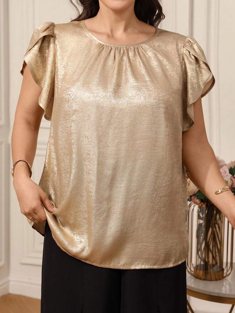 Plus Size Women's Solid Color Metallic Petal Sleeve Elegant Blouse/Summer/Elegant/Party, Gold Blouses For Women Beach Vacation Formal Attire For Women Elegant Top For Woman Gold Top For Women Elegant Blouses For Women Elegant For Party Summer Outfits For Women  Beach Outfit For Women  Casual  Vacation Outfits Women Country Concert Outfit Peplum