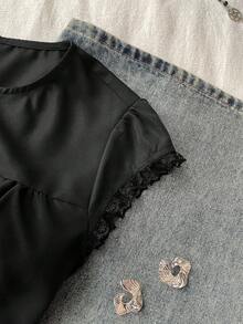 Attitoon 女士休闲复古系带褶皱修身衬衫，适合Y2K风格 - 黑色 - 查看 13