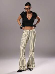 TRNVIE Fashionable Casual Street Style Zebra Print Low Waist Flare Jeans - Medium Wash - View 6
