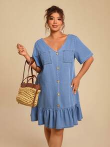 Travachic Vestido de mezclilla informal con volantes en el bajo para tallas grandes - Azul lavado medio - Ver 5