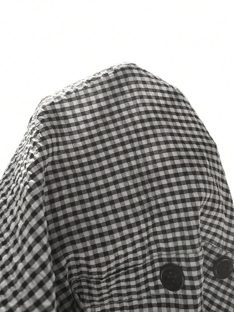 Plus Size Women's Summer Casual Vacation Country  Black & White Plaid  Round Neck Short Sleeve Blouse Top Shirt With Button Decor, Spring/Summer\Vacation,Summer\Vacation,Summer Holiday,Spring Break Outfits ,Vacation Outfits Women ,Holiday Outfits For Women,Going Out Outfits,2026 New Clothes,Simple And Fashionable For Everyday Wear,Suitable For Summer, Vacation, Daily Wear, Plus Size Short Sleeve Tops