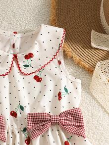 Đầm bé gái in hình quả anh đào, cổ polo, họa tiết kẻ caro tương phản, dáng chữ A thắt eo, điểm nhấn nơ, thích hợp cho kỳ nghỉ thường ngày. - Nhiều màu - Xem 8