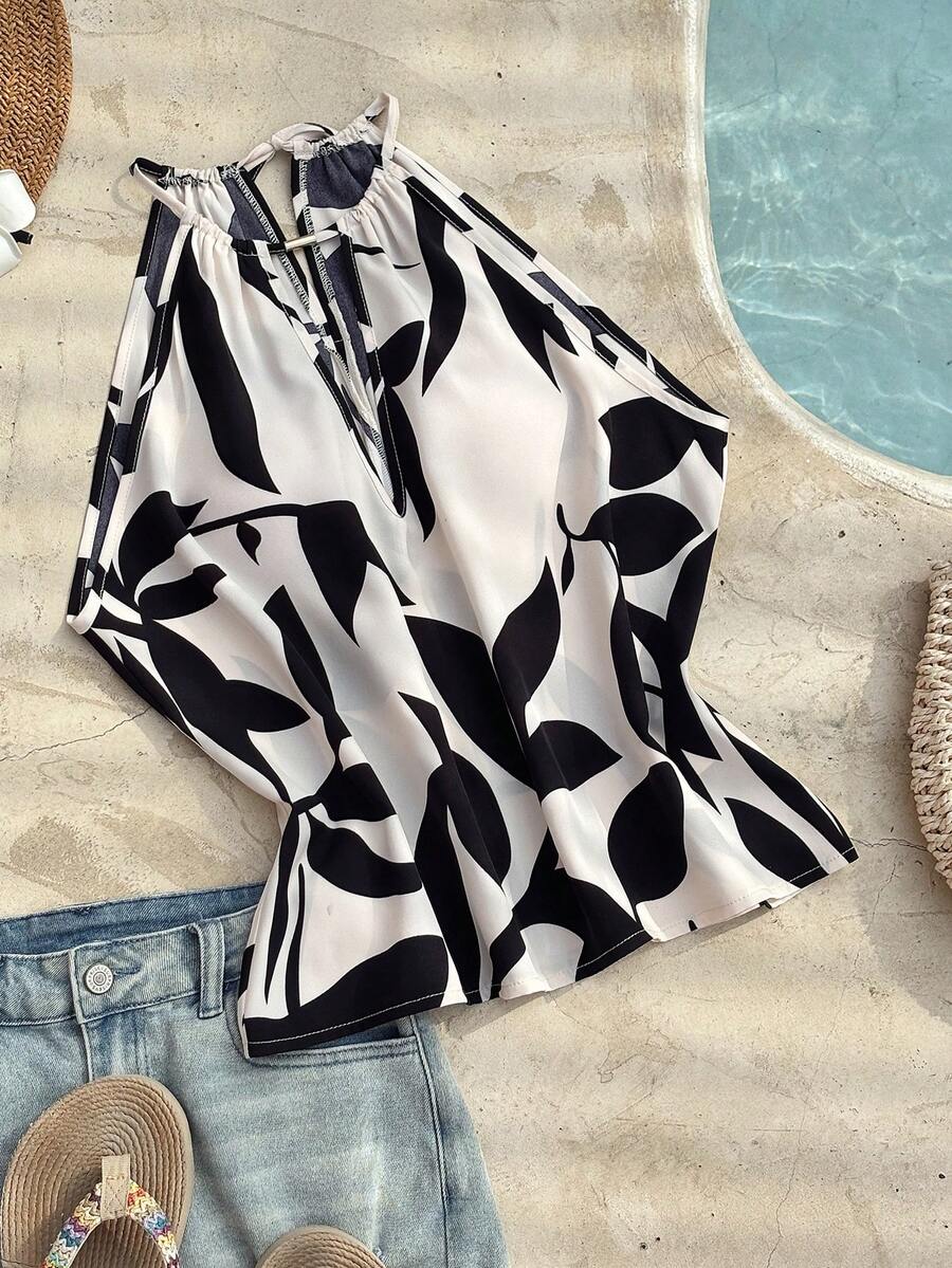 Trelyra Casual Vacation Digital Print Design Metal Buckle Halter Deep V-Neck Camisole - Apricot - View 1