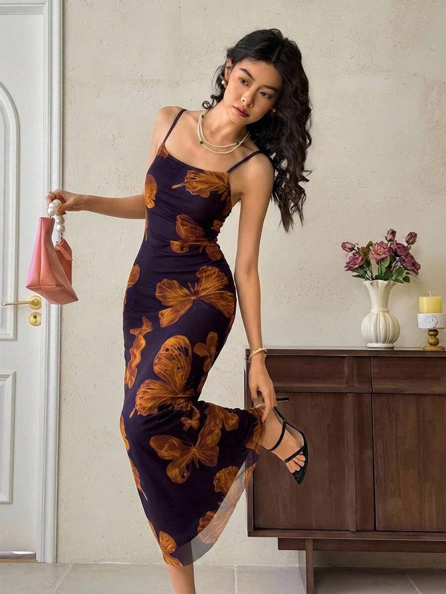 EastFlair Women's Elegant Butterfly Print Sleeveless Dress, Summer Summer Sexy Dress Bodycon Midi Dress Bodycon Summer Dress Slip Dress Women