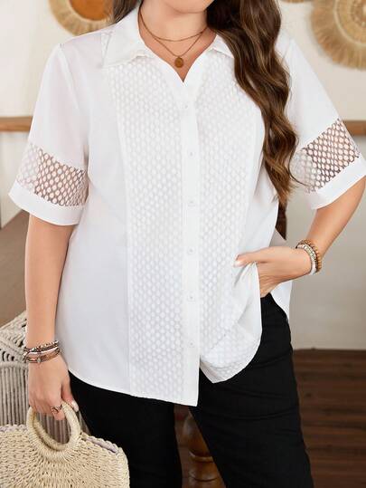Mulvari Plus Size Solid Color Short Sleeve Casual Woven Blouse For Women