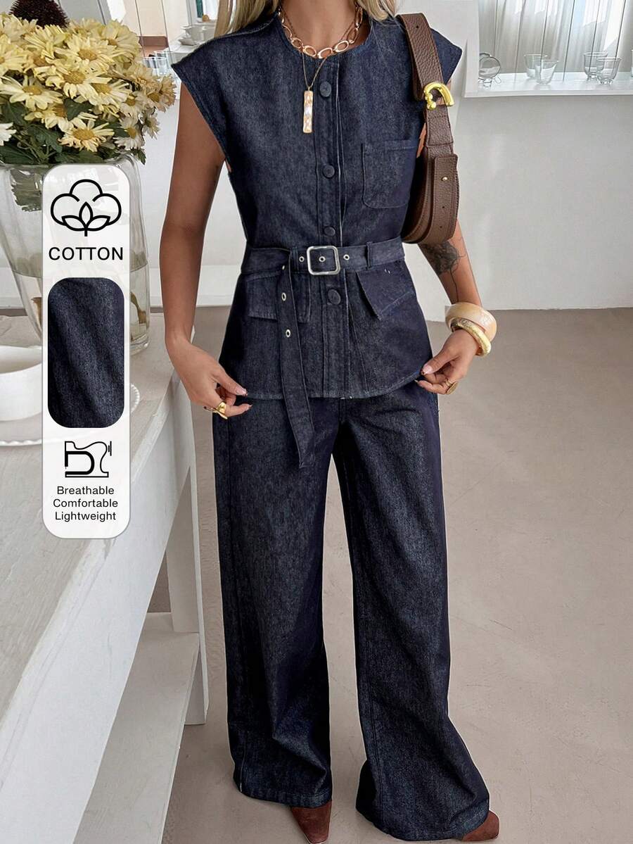 DAZY Spring/Summer Romantic Design Loose Casual Commute Elegant Blue Sleeveless Top And Wide Leg Jeans Women 2-Piece Set - Blue - View 1