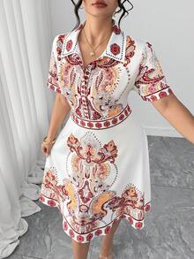 Elenzga 大码女式优雅POLO领度假风短袖印花衬衫裙，简约设计，适合约会、聚会、外出和度假。 - 彩色 - 查看 4