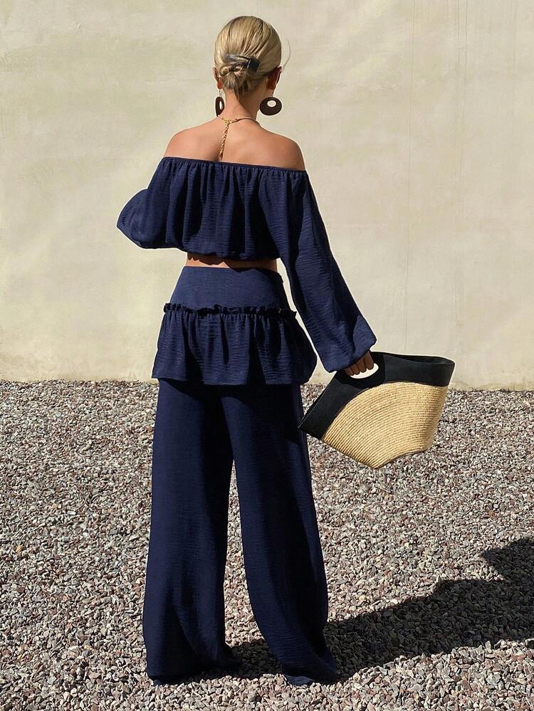 2pcs Women Off-Shoulder Short Blouse & Wide Leg Pants Casual Vacation Outfit, Spring/Summer