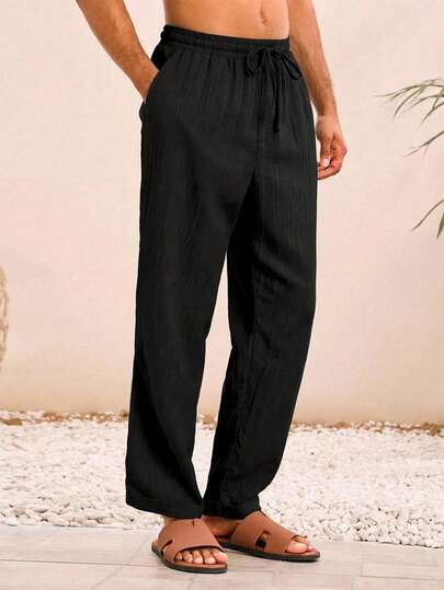 HIMLAND Men's Woven Casual Loose Straight Leg Solid Color Pants