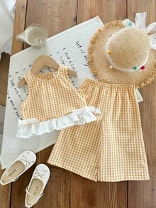 SHEIN LMoss Kids Babygirl Summer Cute Pink & White Plaid Ruffle Sleeveless Top And Elastic Waist Loose Pants Set - Yellow - View 7