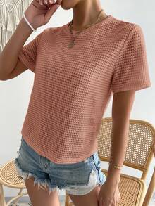 SHEIN Essnce 女士休闲纯色圆领短袖T恤 - 珊瑚粉 - 查看 4