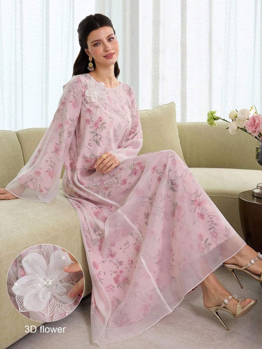 Yasmyna Elegant Floral Print Loose Fit Long Tunic Top With Layered Floral Applique