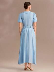 Uhlyne Đầm kiểu Pháp tối giản chất liệu rayon viscose giả denim, cổ chữ V, thắt eo, phong cách giản dị nhưng thanh lịch, phù hợp cho đi làm, nghỉ lễ, mặc hàng ngày, dự tiệc hoặc đi nghỉ mát. - Màu xanh lam - Xem 2