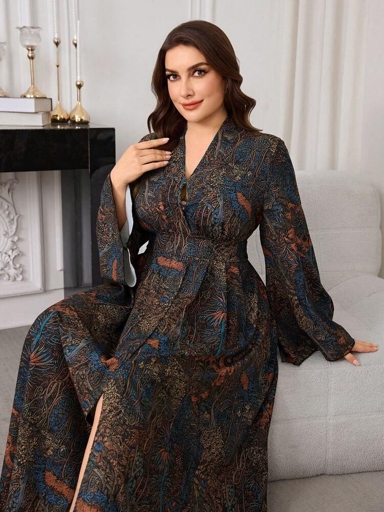 Modelyn Plus Size Women Elegant Floral Print Waist Cinched Long Dress - Black - View 6