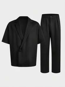 EASEVO Bộ áo sơ mi ngắn tay cài cúc phía trước và quần short nam cỡ lớn, kiểu dáng đơn giản, thích hợp cho mùa hè. - màu đen - Xem 5