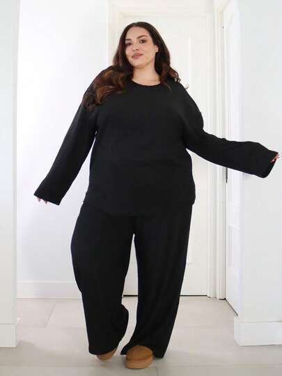 Pretty and Ole 大码女式纯色圆领长袖罗纹 T 恤和裤子休闲两件套，秋冬，女装两件套女士舒适两件套休闲套装女士舒适两件套长袖两件套罗纹两件套，约会、保暖、派对、外出、婚礼嘉宾、别致、居家、圣诞节