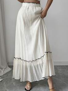 Modelyn A-Line Elastic Waist Ruffle Hem Patchwork Skirt - Apricot - View 5